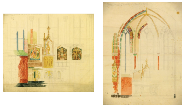 Afb. 8-9. Twee van de zeven ontwerptekeningen voor de decoratie van de Martinuskerk in Herwen en Aerdt (hoofdaltaar en priesterkoor) door Joseph Cuypers (1923). Archief Het Nieuwe Instituut, Rotterdam.