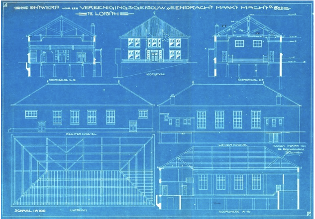 Afb. 12-13. Blauwdrukken met de ontwerptekeningen van het oude schuttersgebouw van EMM in Lobith door J. C. Berendsen (1923). Archief, Het Nieuwe Instituut, Rotterdam.