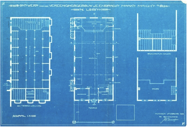 Afb. 12-13. Blauwdrukken met de ontwerptekeningen van het oude schuttersgebouw van EMM in Lobith door J. C. Berendsen (1923). Archief, Het Nieuwe Instituut, Rotterdam.