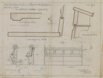 Afb.14. Ontwerptekening van een kerkbank voor de Martinuskerk in Pannerden door Cuypers & Co. Archief Het Nieuwe Instituut, Rotterdam.